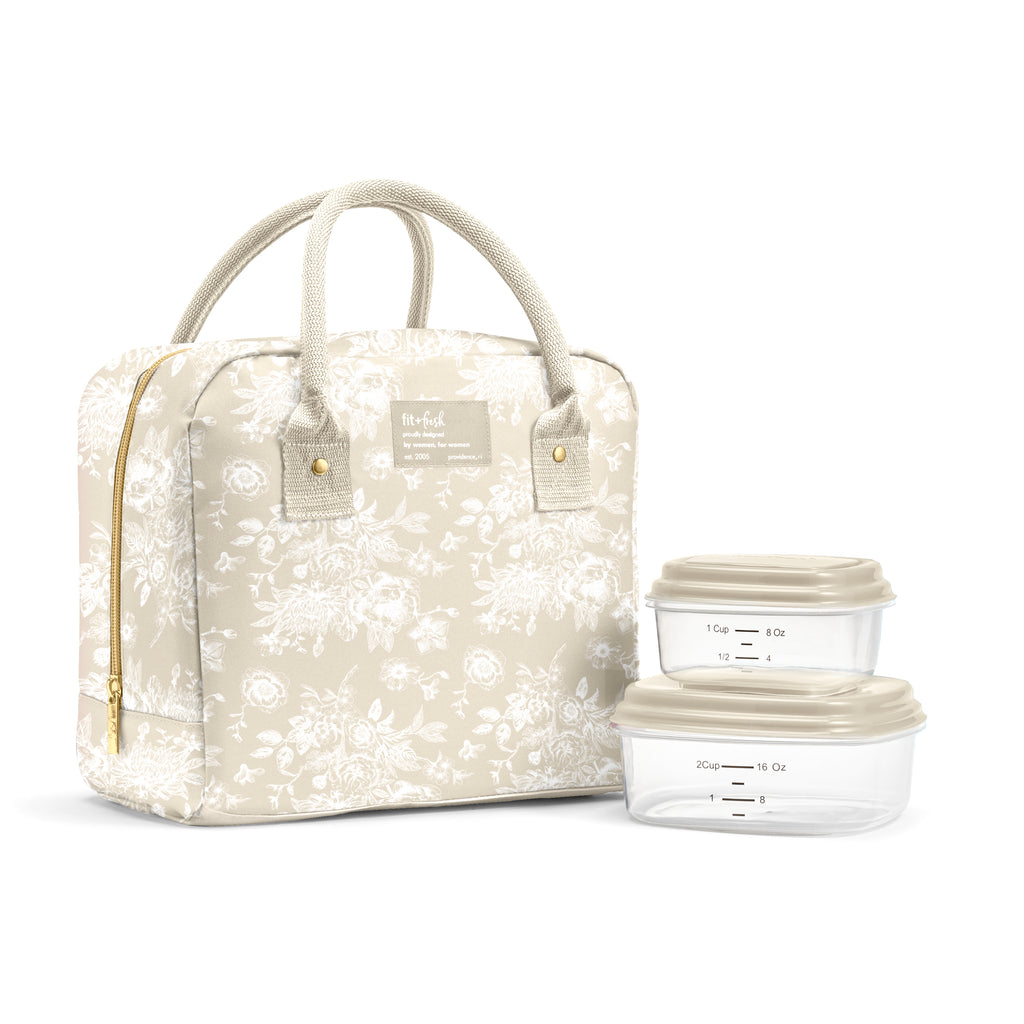 Bloomington Lunch Bag with Lunch Kit, Tan Floral Toile