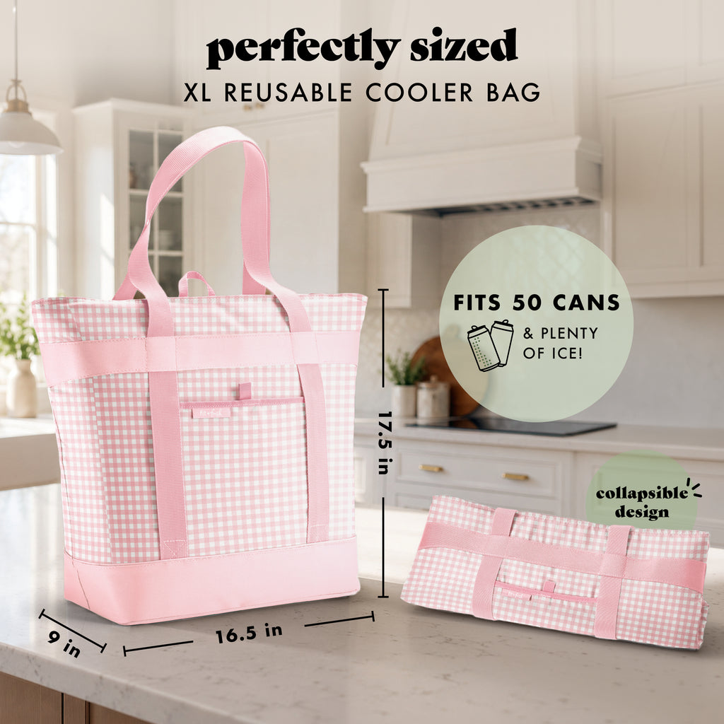 XL Insulated Cooler Tote Bag, Pink Gingham