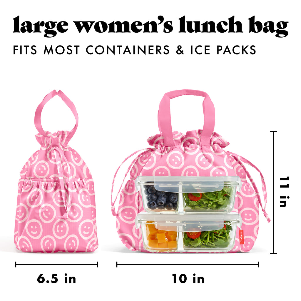 Cromwell Cinch Lunch Tote with Lunch Kit, Fuchsia Pink Smiles