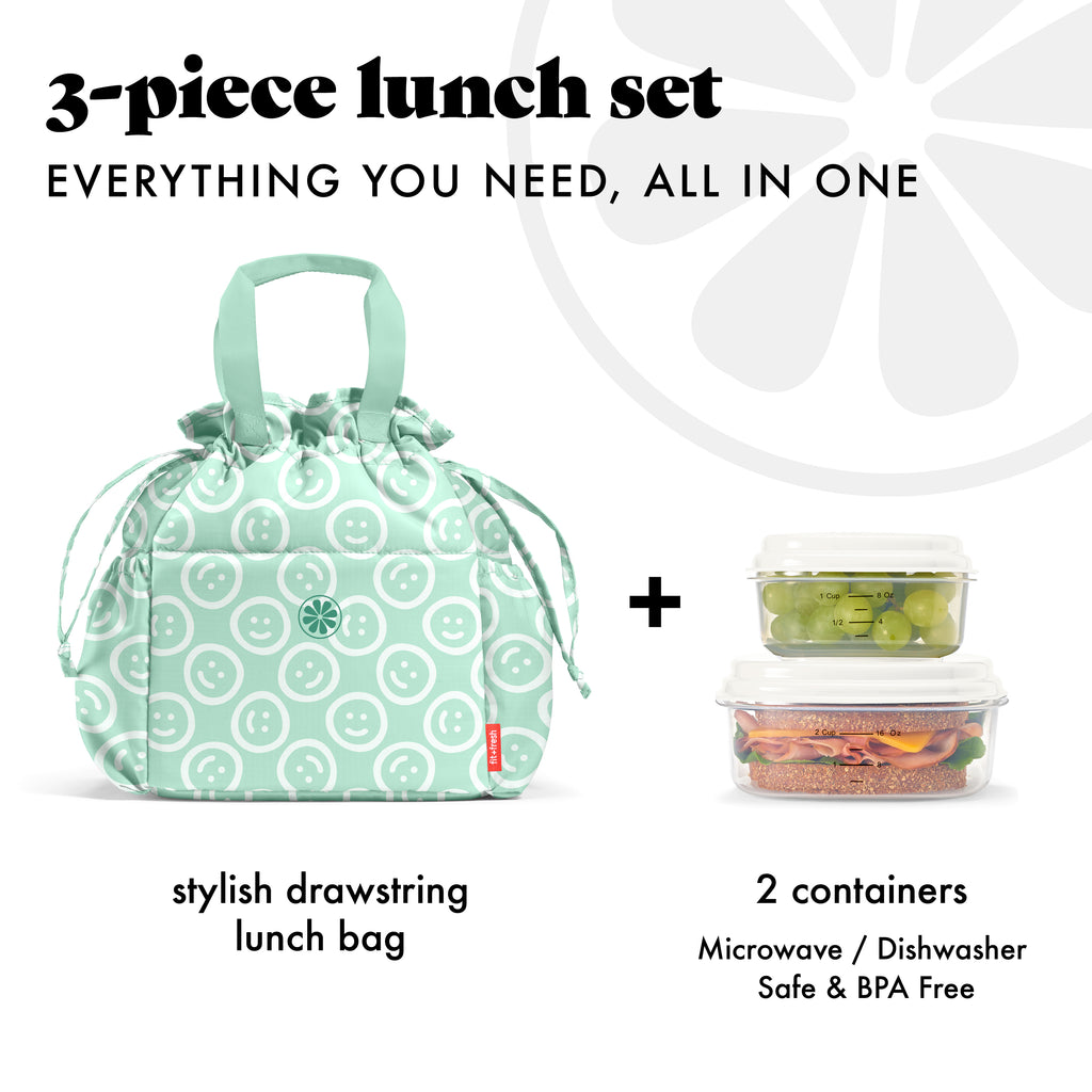 Cromwell Cinch Lunch Tote with Lunch Kit, Mint Smiles