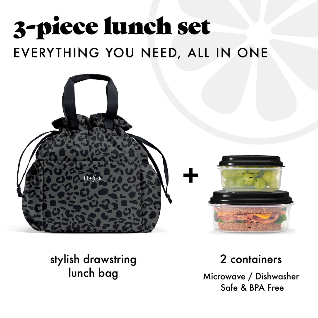 Cromwell Cinch Lunch Tote with Lunch Kit, Charcoal Cheetah