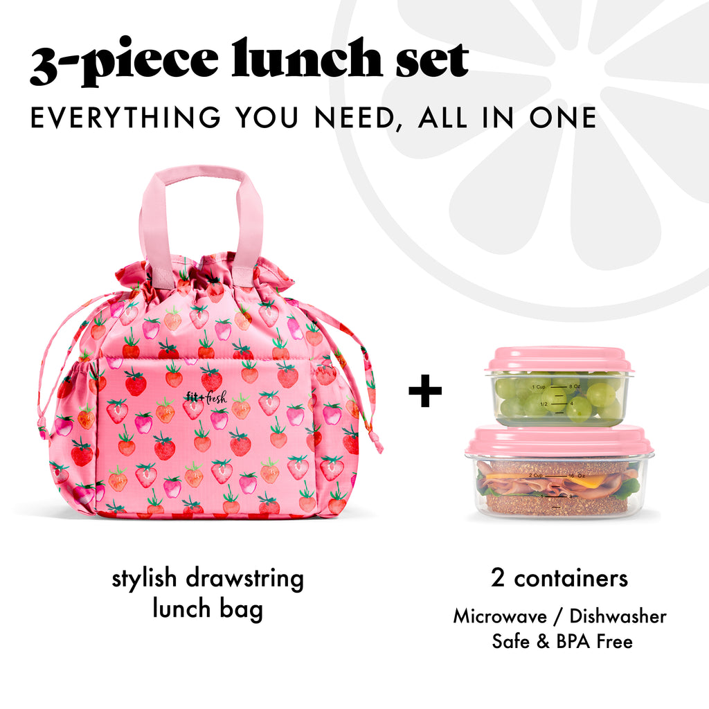 Cromwell Cinch Lunch Tote with Lunch Kit, Pink Strawberries