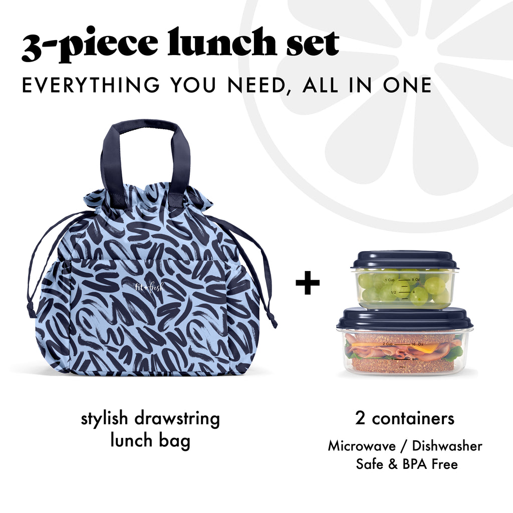 Cromwell Cinch Lunch Tote with Lunch Kit, Navy Brush Strokes